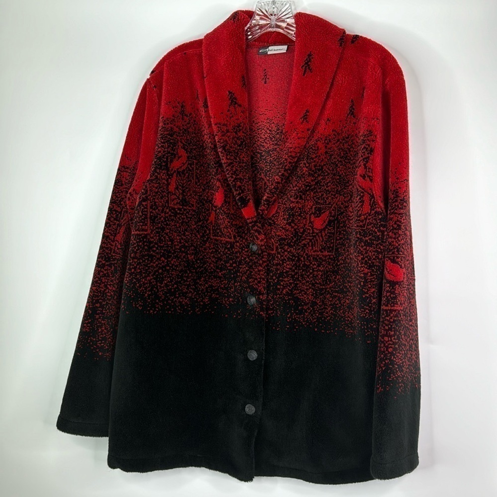 Vintage Artisans Red Black Cardinal Bird Sherpa Button Cardigan Sweater XL